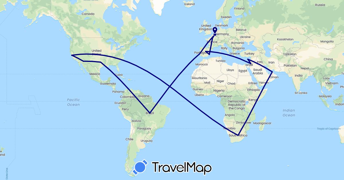 TravelMap itinerary: driving in United Arab Emirates, Belgium, Brazil, Cyprus, Spain, France, Jordan, Portugal, United States, South Africa (Africa, Asia, Europe, North America, South America)