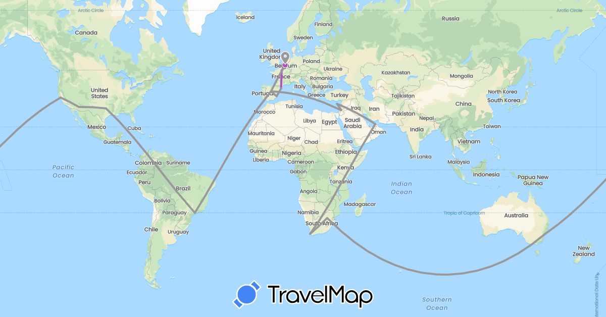TravelMap itinerary: driving, plane, train in United Arab Emirates, Australia, Belgium, Brazil, Cyprus, Spain, France, Jordan, United States, South Africa (Africa, Asia, Europe, North America, Oceania, South America)
